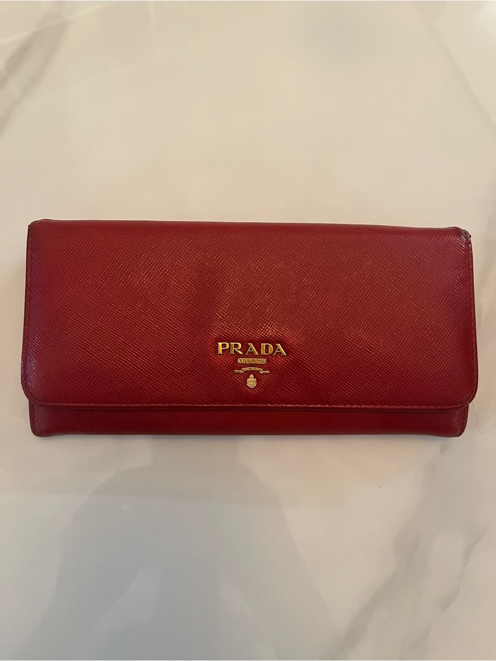 Prada Red Saffiano Leather Long Wallet with Gold Logo